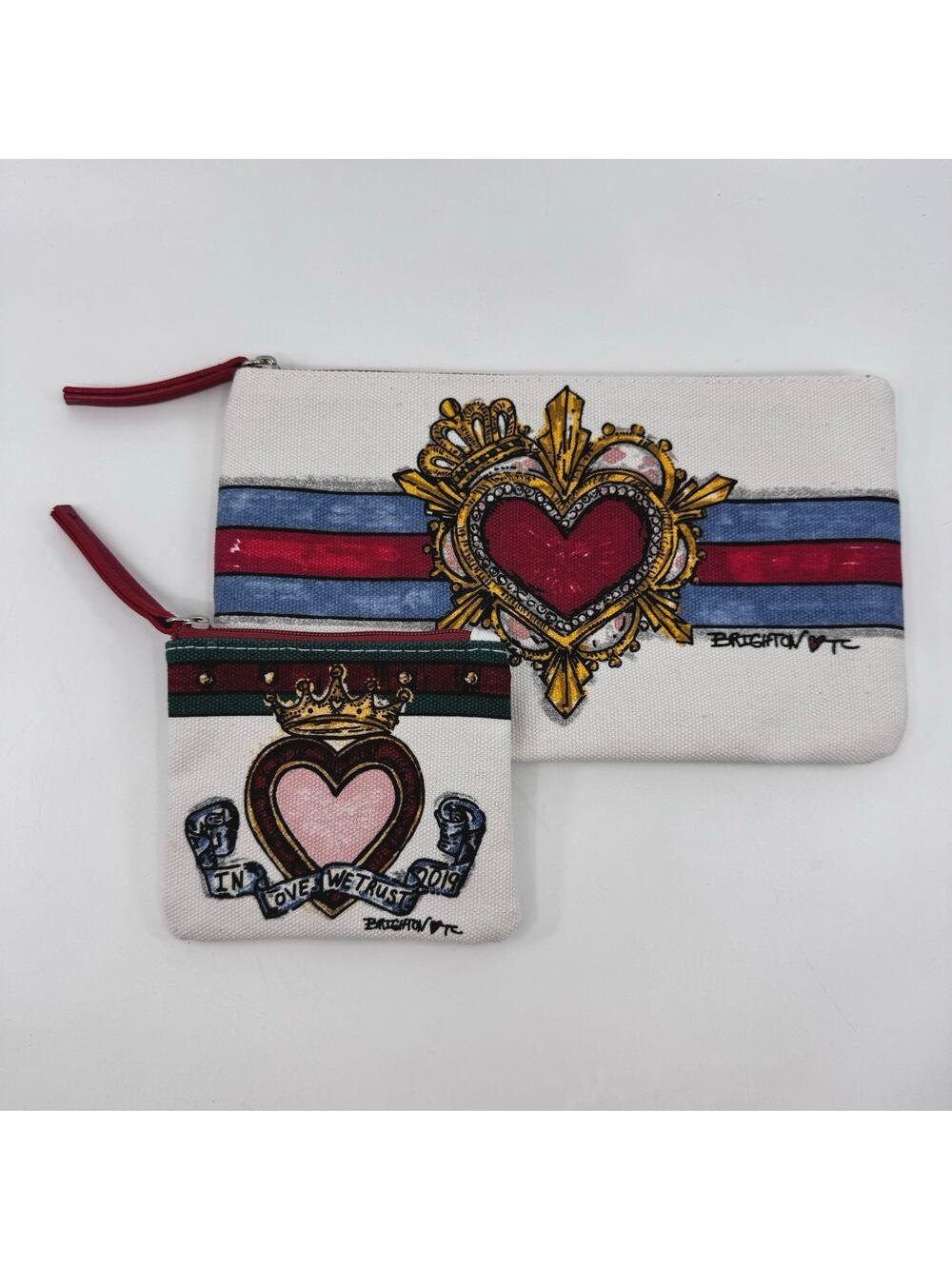Brighton In Love We Trust Pouch 2 Piece Set Canvas Zipper Bag Wallet White Multi